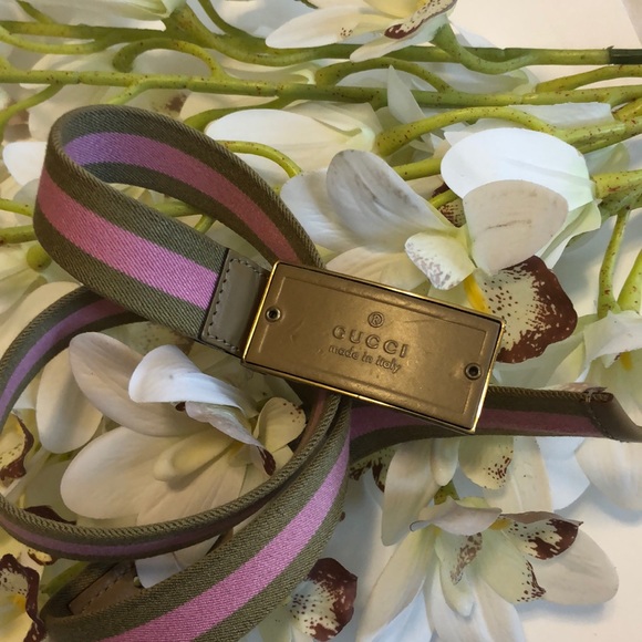 Gucci Belt Pink and Beige Stripe with Gucci Buckle - Picture 2 of 12